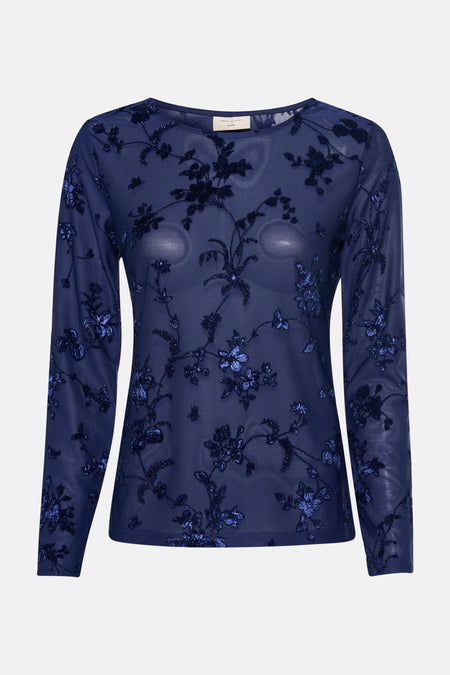 Blauwe T-shirt met lange mouwen van FREEQUENT, met geborduurd bloemenpatroon en glinsterende details.