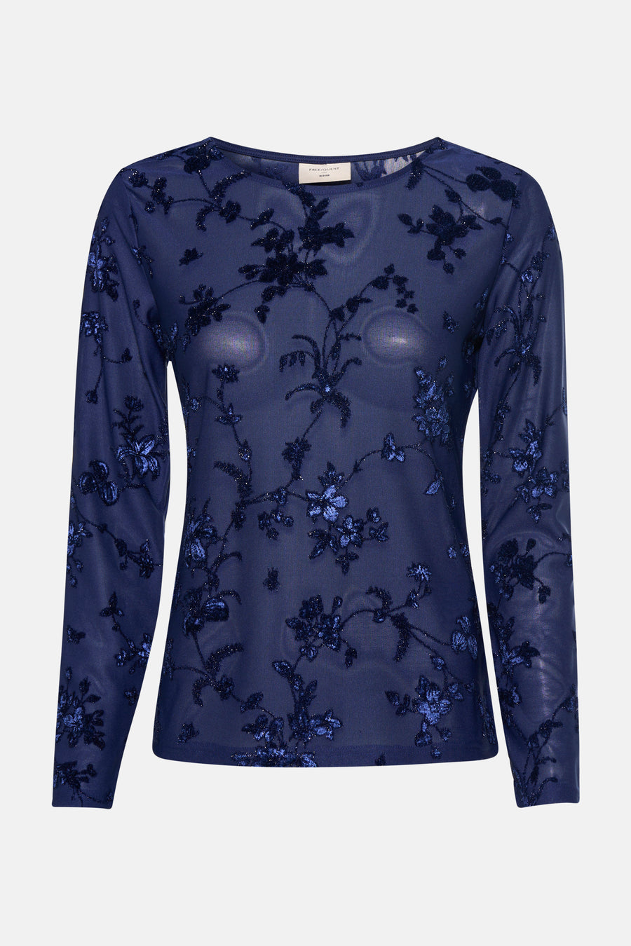 Blauwe T-shirt met lange mouwen van FREEQUENT, met geborduurd bloemenpatroon en glinsterende details.