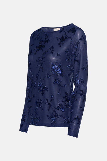 Blauwe T-shirt met lange mouwen van FREEQUENT met toon-op-toon bloemenpatroon en doorschijnend effect.