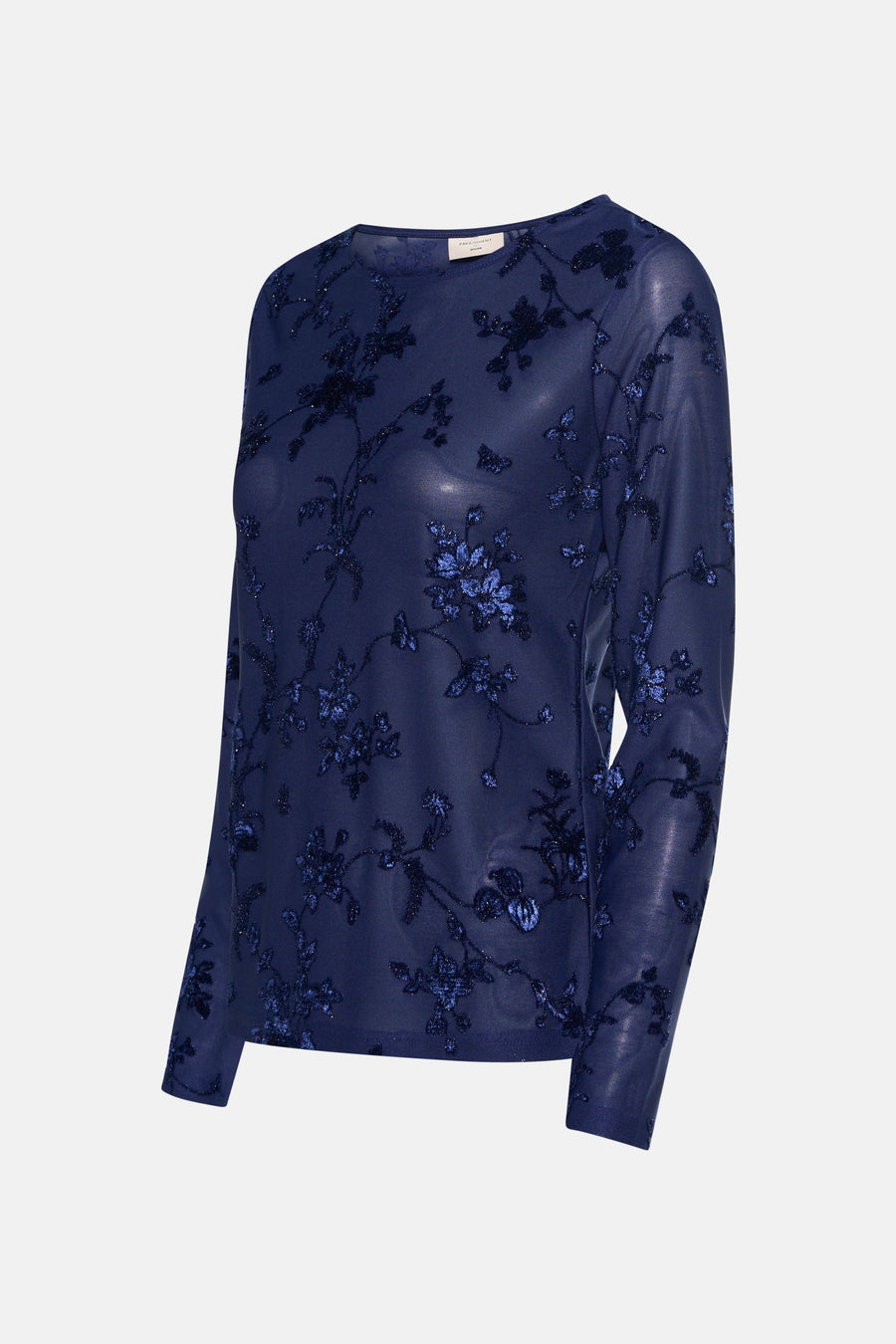 Blauwe T-shirt met lange mouwen van FREEQUENT met toon-op-toon bloemenpatroon en doorschijnend effect.