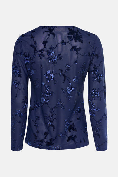 T-shirt à manches longues bleu de FREEQUENT, avec motif floral brodé et détails scintillants.
