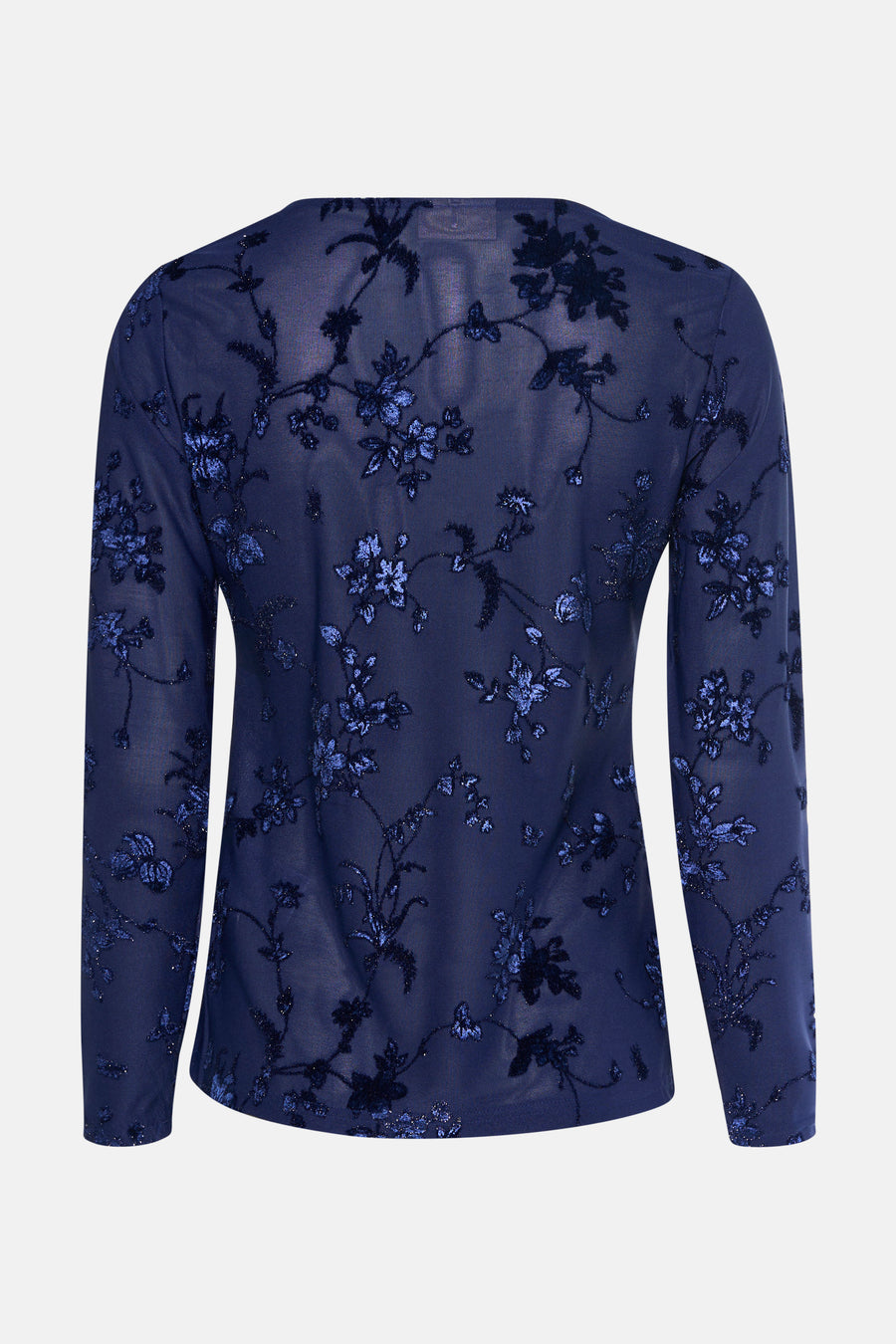 T-shirt à manches longues bleu de FREEQUENT, avec motif floral brodé et détails scintillants.
