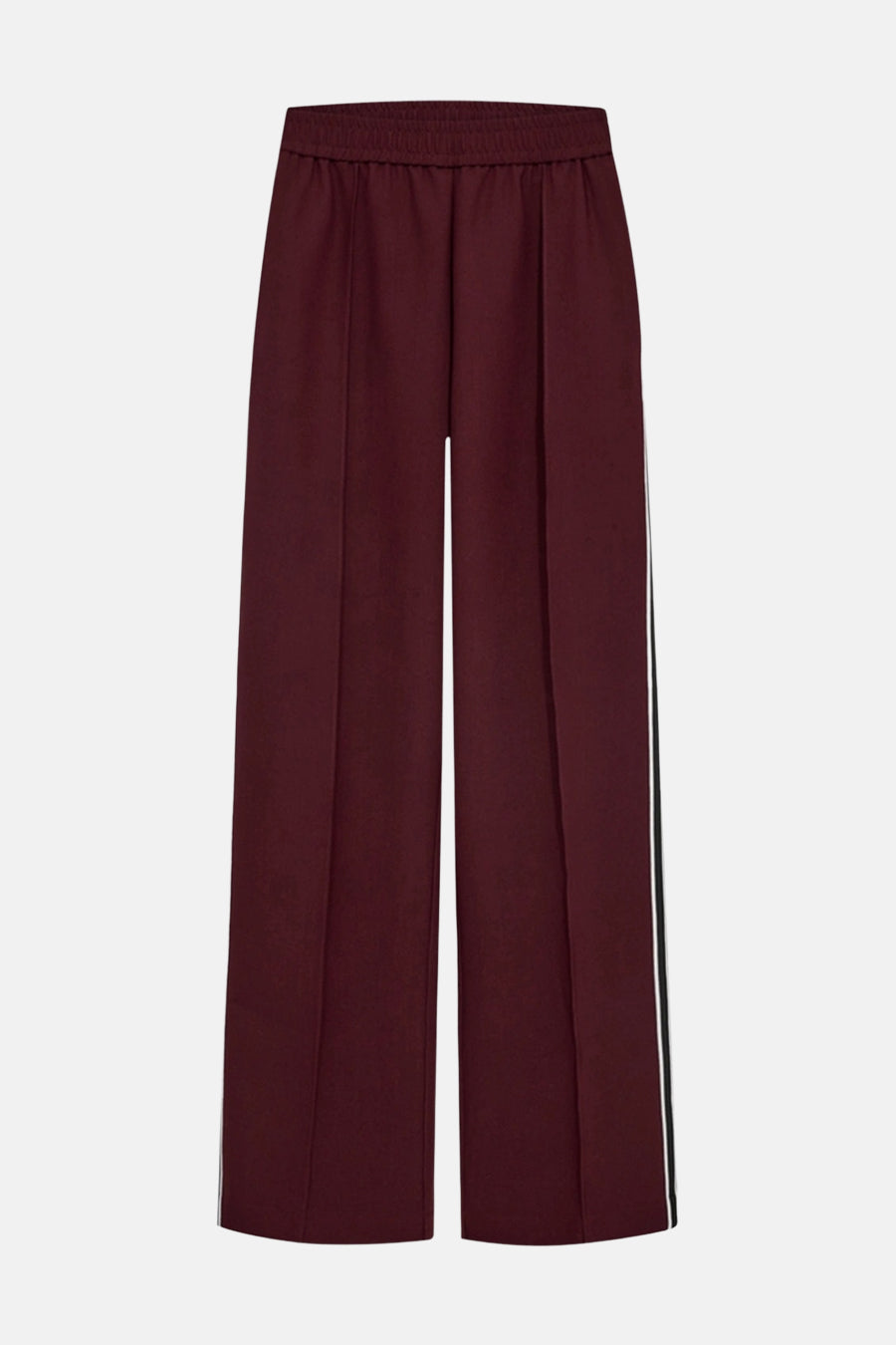 Bordeaux broek van FREEQUENT, met elastische tailleband en witte zijstrepen.