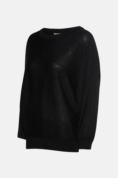 Pull à col rond noir de FREEQUENT, en maille brillante et fine, manches trois-quarts.