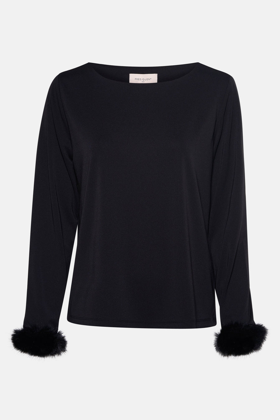 Zwarte blouse met lange mouwen van FREEQUENT met imitatiebontdetails bij de manchetten.