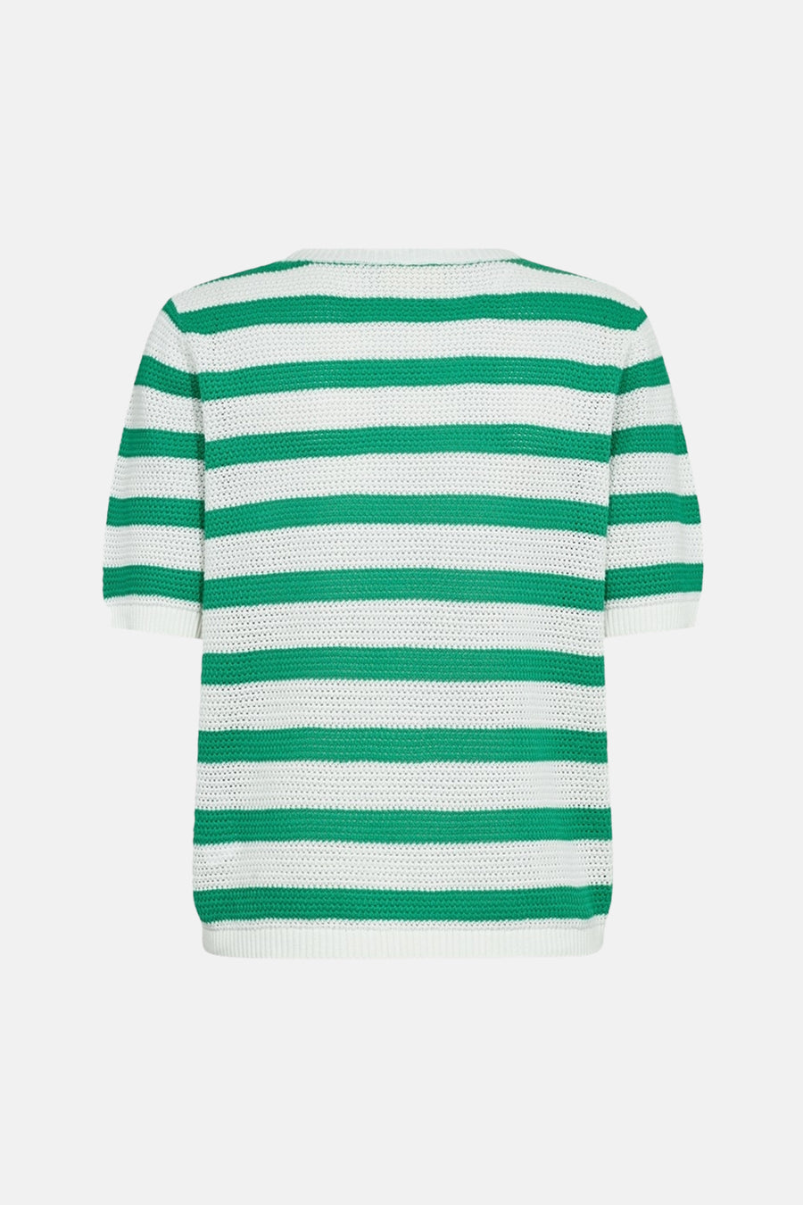 Multikleuren rondehals trui van FREEQUENT, groen en wit gestreept, in open breisel.
