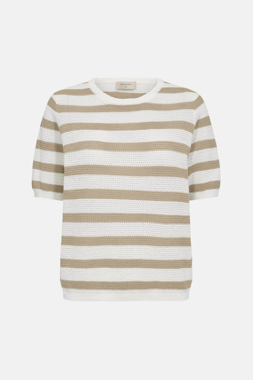 Pull à col rond multicolore de FREEQUENT, à rayures horizontales couleur crème et beige.
