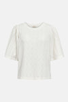 Wit T-shirt met korte mouwen van FREEQUENT, met een ingewikkeld ajourpatroon en pofmouwen.