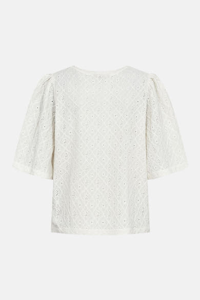 Wit T-shirt met korte mouwen van FREEQUENT, met ajourpatroon en pofmouwen.