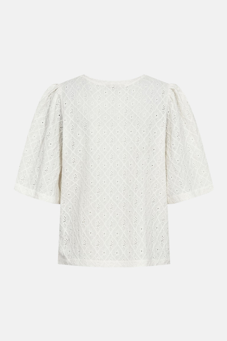 Wit T-shirt met korte mouwen van FREEQUENT, met ajourpatroon en pofmouwen.