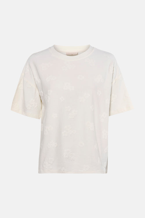 T-shirt blanc à manches courtes de Freequent, avec motif floral en relief sur l'ensemble.