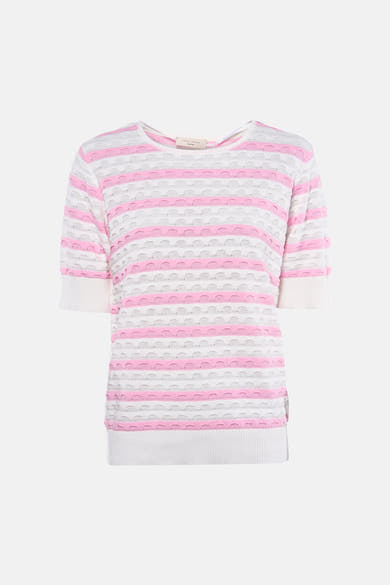 Pull multicolore à rayures horizontales de Freequent, avec motif ajouré et manches courtes.