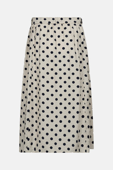 Jupe midi beige clair à pois noirs de FREEQUENT, coupe évasée et taille froncée.