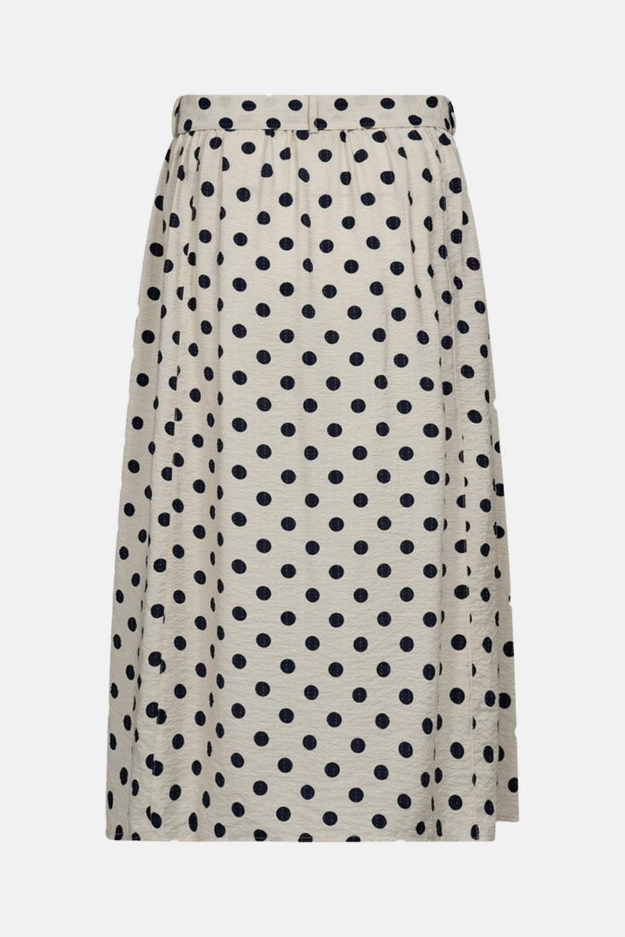 Jupe midi beige clair à pois noirs de FREEQUENT, coupe évasée et taille froncée.