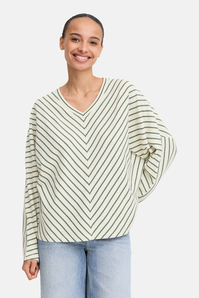 Beige gestreept sweatshirt van B.YOUNG, gedragen met een lichte spijkerbroek, visgraatpatroon.