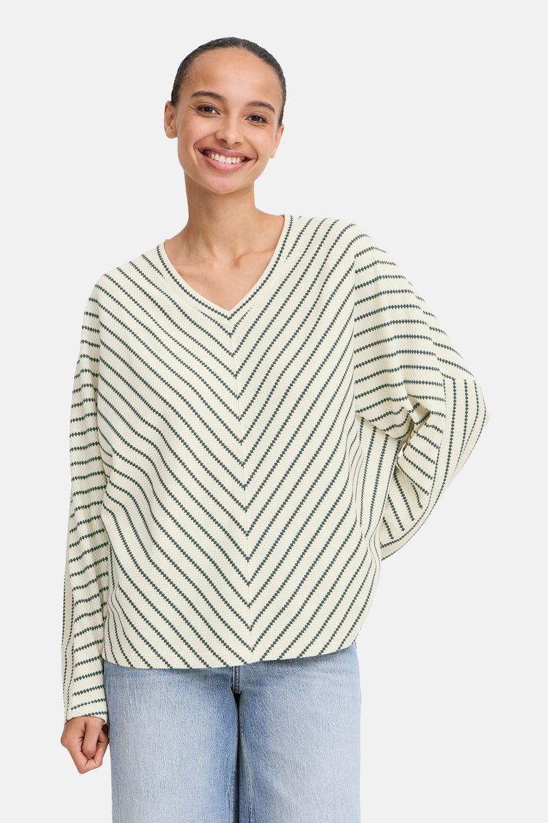 Beige gestreept sweatshirt van B.YOUNG, gedragen met een lichte spijkerbroek, visgraatpatroon.