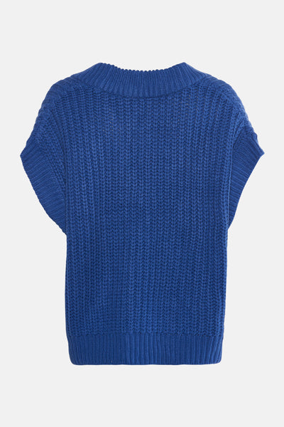 Blauwe gebreide cardigan van B.YOUNG, met een dikke textuur en korte mouwen, achterzicht.