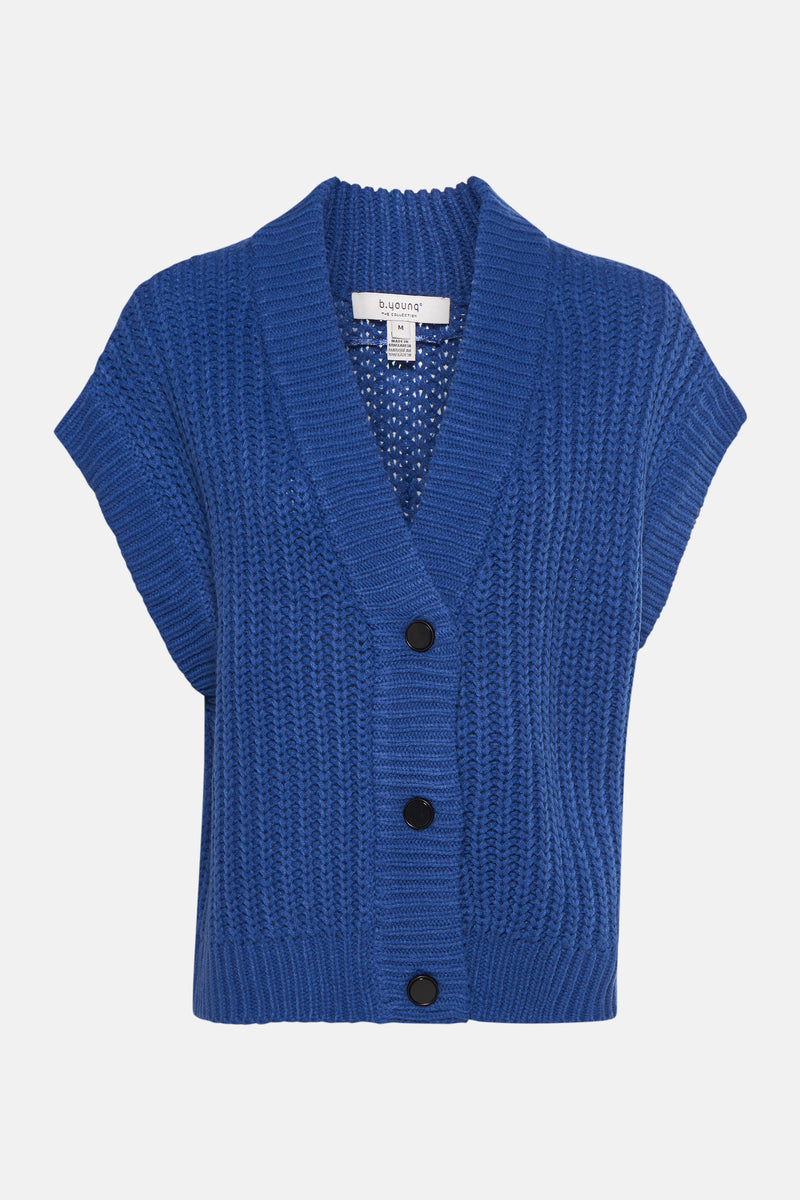 Blauwe vest van dik breisel van B.YOUNG, met V-hals en knoopsluiting.