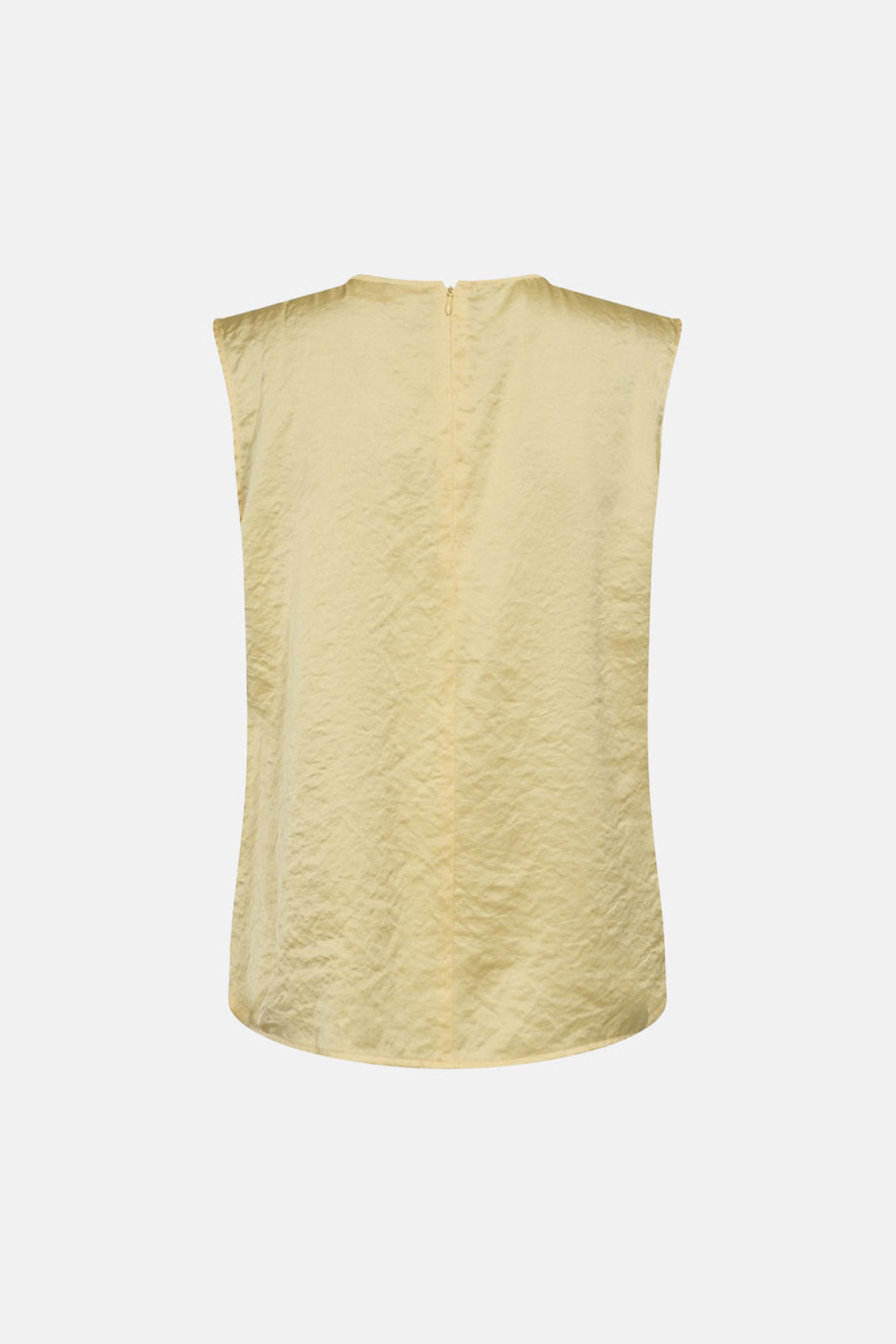 Blouse jaune sans manches de FREEQUENT, au tissu froissé, avec fermeture éclair au dos, vue de dos.