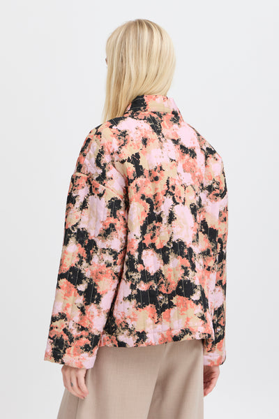 Multikleurige blouse (lange mouwen) van B.YOUNG met gestikte abstracte bloemenprint, achterzijde.