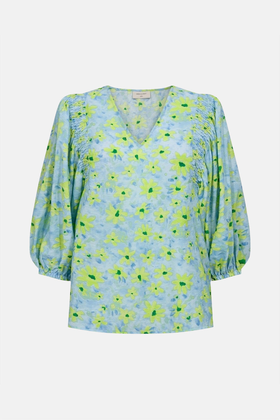 3/4-mouwen blouse in meerdere kleuren van FREEQUENT, met een geel en groen bloemenpatroon, met pofmouwen.