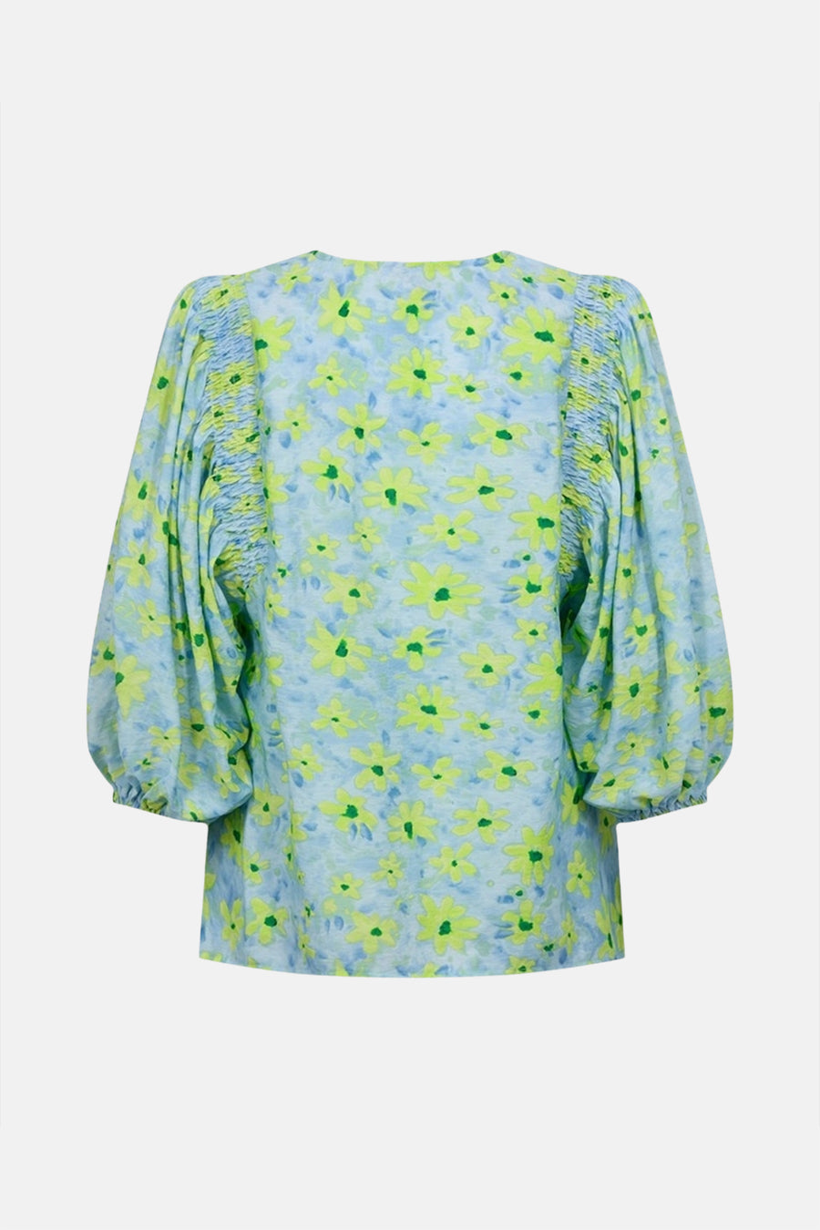 Blouse multicolore FREEQUENT à manches bouffantes avec motif floral jaune et détails froncés.