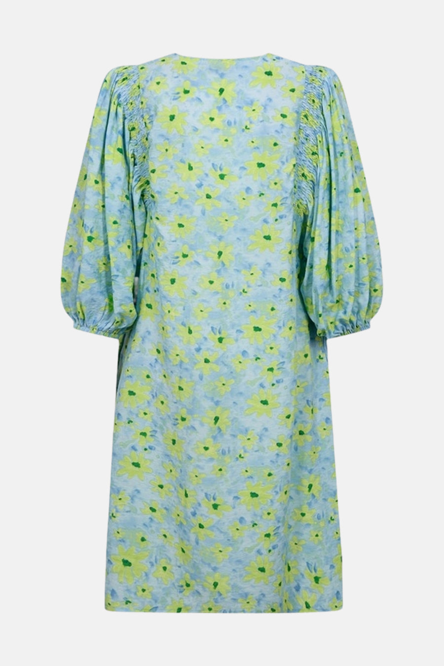 Robe 3/4 multicolore de FREEQUENT avec motif floral jaune et manches bouffantes.