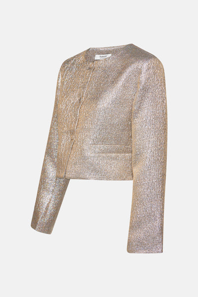 Korte beige jas van B.YOUNG, getextureerd met een subtiele metallic glans.