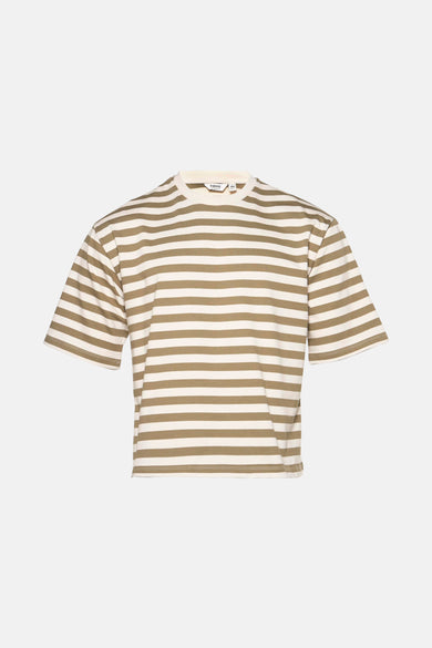 Kaki gestreept T-shirt van B.YOUNG, beige en kaki horizontale strepenpatroon, gebreide stof.