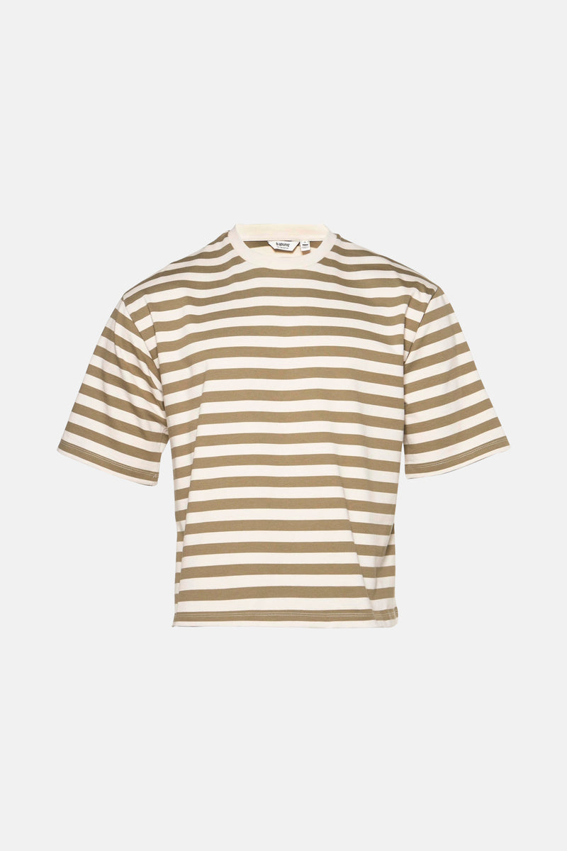 Kaki gestreept T-shirt van B.YOUNG, beige en kaki horizontale strepenpatroon, gebreide stof.