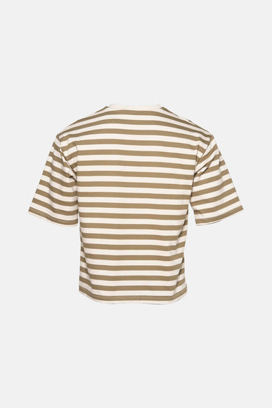 Kaki gestreept T-shirt van B.YOUNG, met witte horizontale strepen en een relaxte pasvorm.