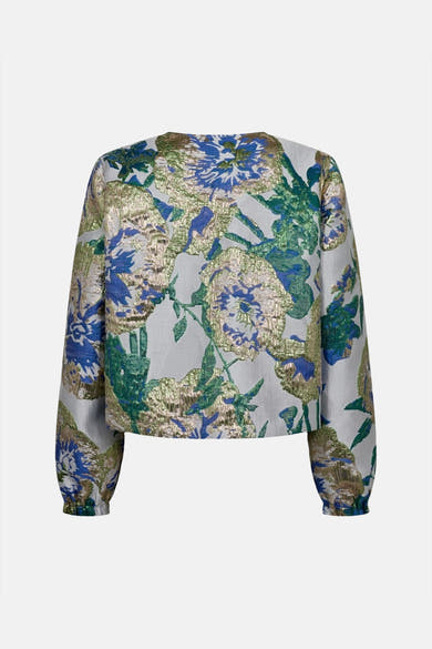 Veste courte multicolore de FREEQUENT, avec motif floral bleu, vert et or sur fond clair.