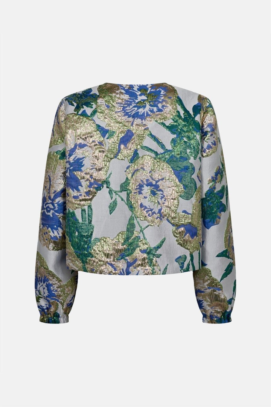 Veste courte multicolore de FREEQUENT, avec motif floral bleu, vert et or sur fond clair.