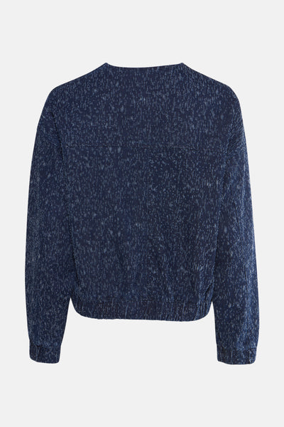 Korte donkerblauwe spijkerjas van B.YOUNG, gespikkeld patroon en zilveren knopen.