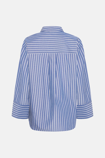 Chemise à manches longues bleue rayée by B.YOUNG, vue de dos, avec des manches trois-quarts.