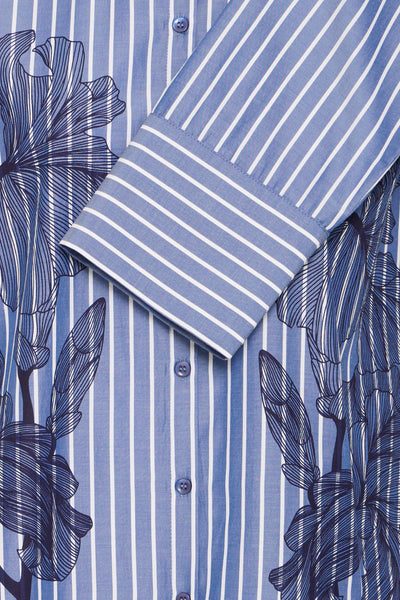 Blauw gestreept overhemd met lange mouwen van B.YOUNG, met bloemenprint en knoopsluiting.