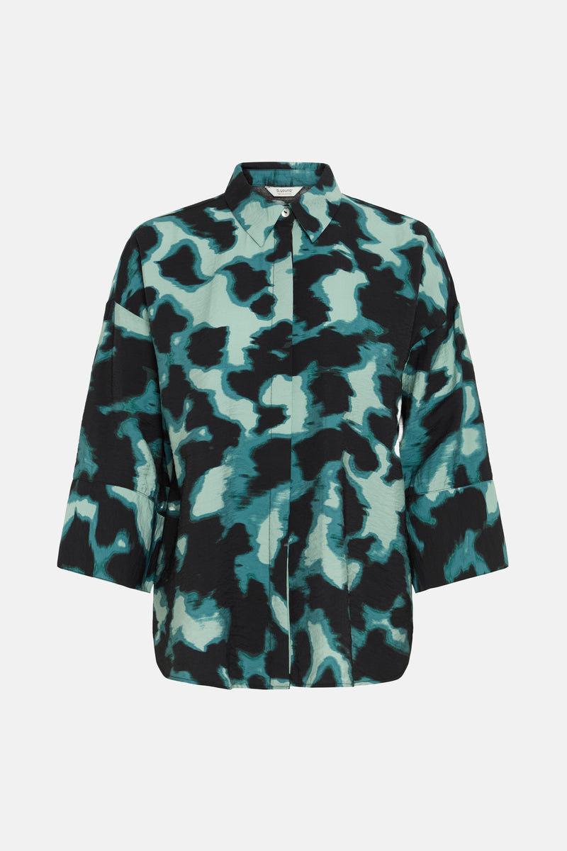 Multikleuren blouse met lange mouwen van B.YOUNG, met zwart en turquoise abstract patroon.