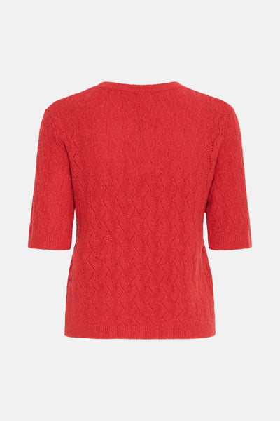 Pull rouge à col rond de B.YOUNG avec motif ajouré losanges, vue de dos.
