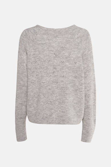 Pull gris à col rond de B.YOUNG, avec motif ajouré discret et manches longues, vue de dos.
