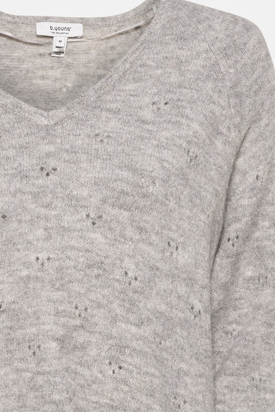 Pull gris à col en V de B.YOUNG avec motif ajouré et manches longues raglan.
