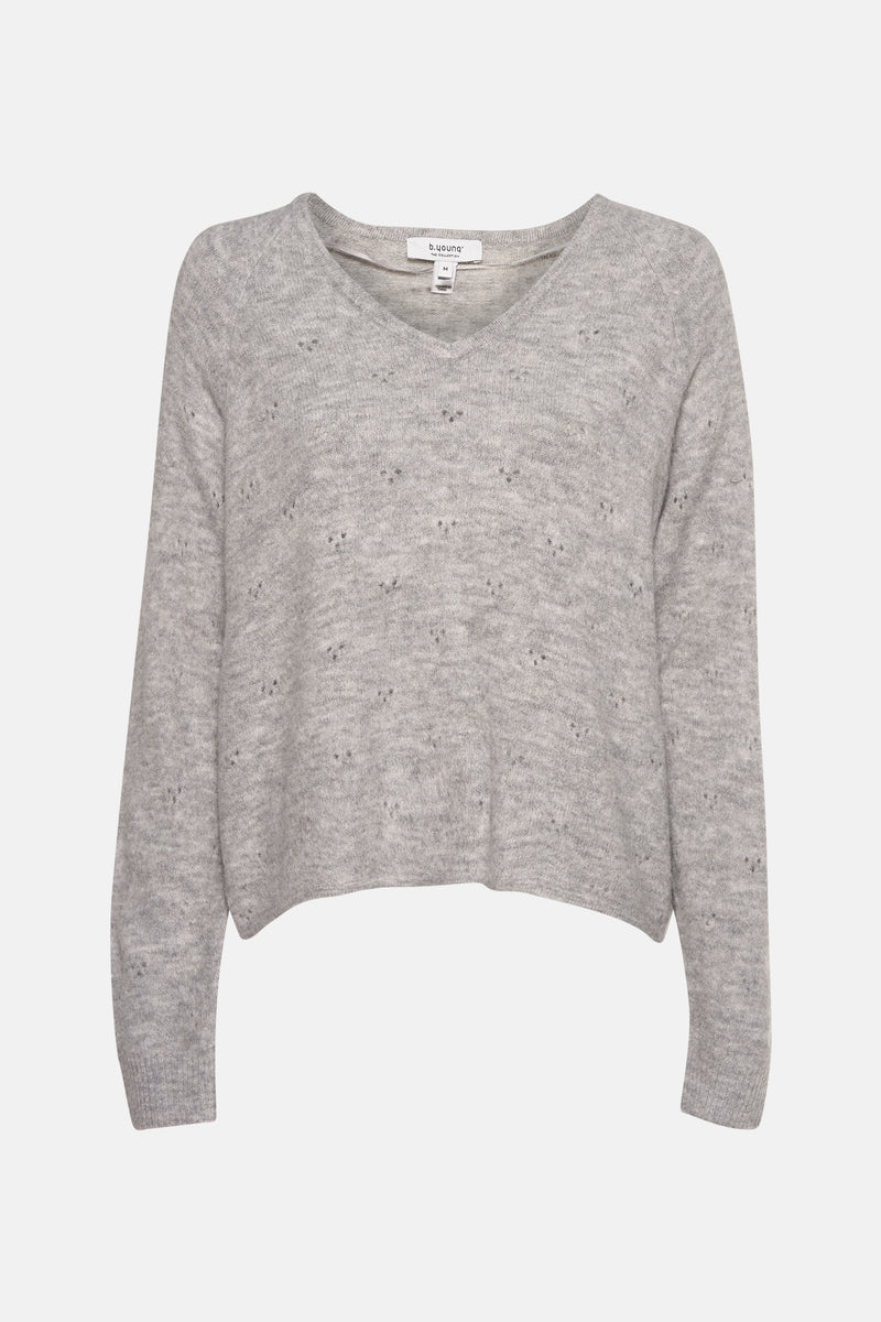 Pull gris à col en V by B.YOUNG, avec motif ajouré discret sur toute la surface.