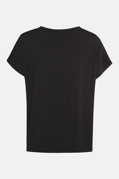 Zwart T-shirt met korte mouwen van B.YOUNG, losse pasvorm op een effen achtergrond.