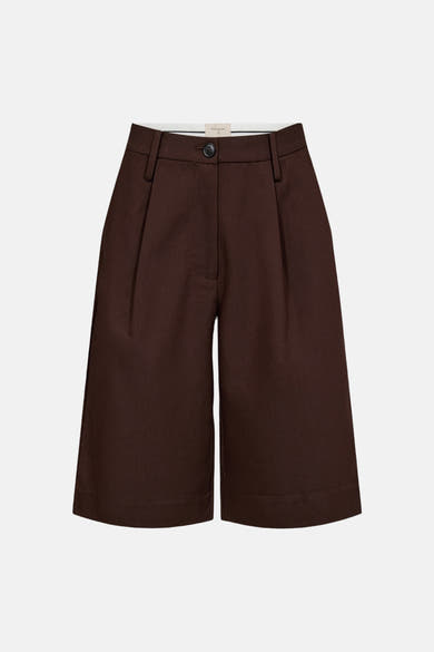 Bruine bruine taille haute plissée avec bouton et passants de ceinture.