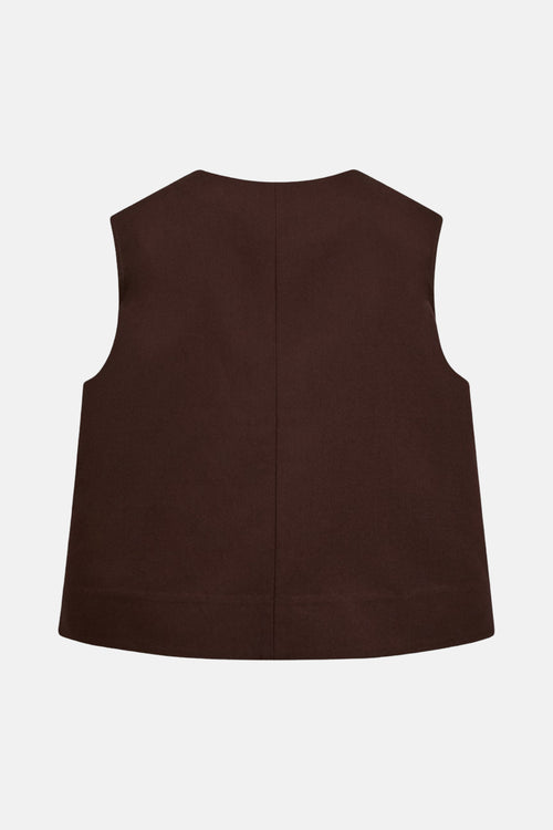 Blazer sans manches brun de FREEQUENT, encolure arrondie et couture dorsale.