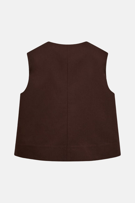 Blazer sans manches brun de FREEQUENT, encolure arrondie et couture dorsale.