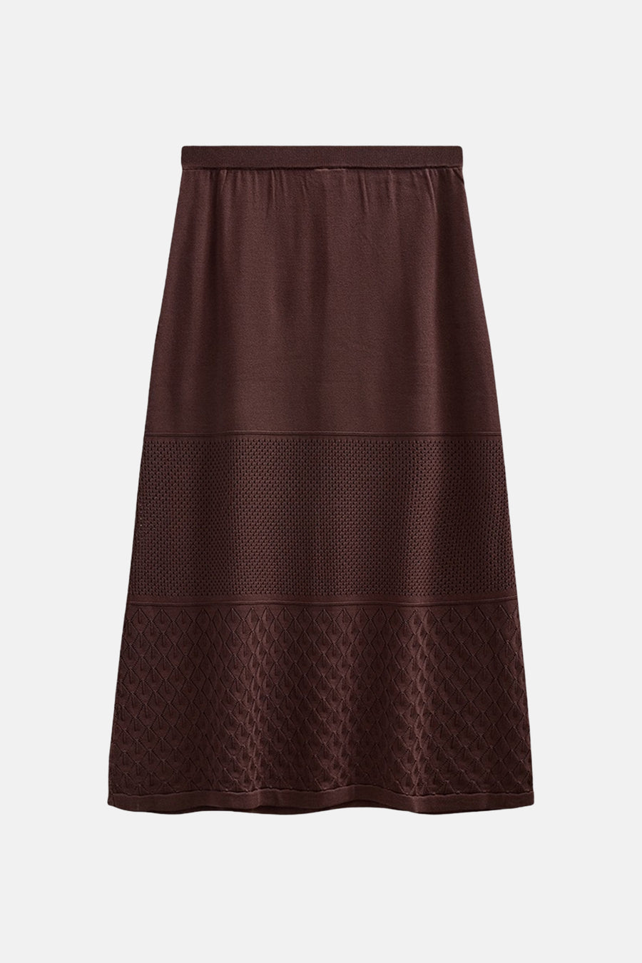 Jupe longue tricotée brune de FREEQUENT avec différents motifs de maille ajourés et à losanges.