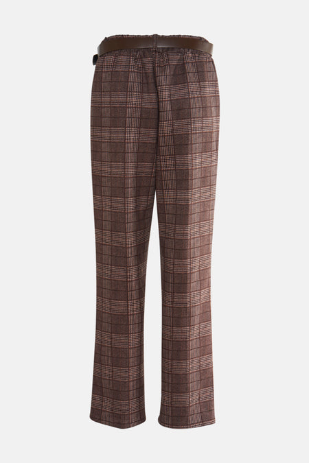 Bruin kostuumbroek van Terra di Siena met ruitpatroon en bruine riem.