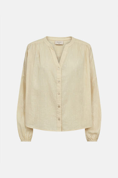 Yellow long-sleeve blouse with subtle vertical texture and button front by Freequent, featuring gathered shoulders and elastic cuffs, shown in front view.