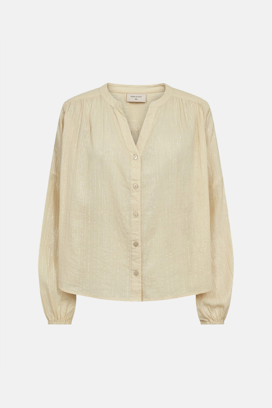 Yellow long-sleeve blouse with subtle vertical texture and button front by Freequent, featuring gathered shoulders and elastic cuffs, shown in front view.