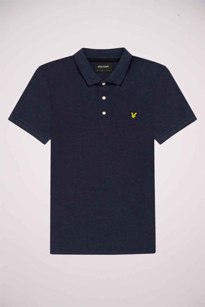 Navy blue polo shirt by Lyle & Scott with yellow embroidered eagle logo, short sleeves, and three-button placket, front view